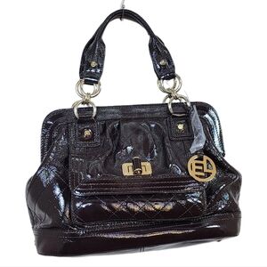 Elliott Lucca. Brown Patent Leather Shoulder Bag w/ gold embellishments.